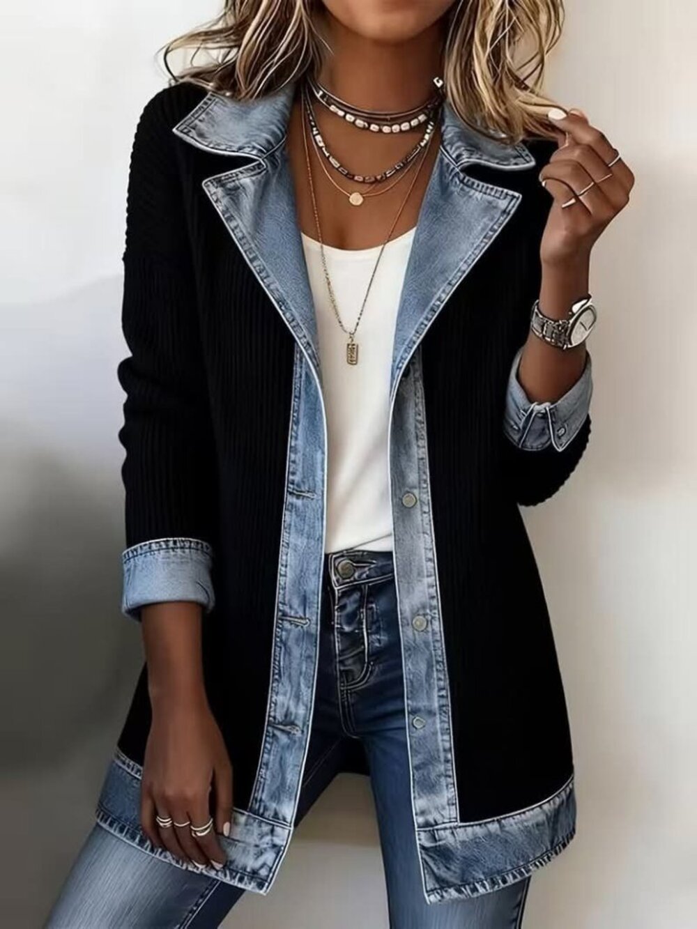Knit and Denim Trim Cardigan ~ Sizes Medium, Large, XL and 2XL